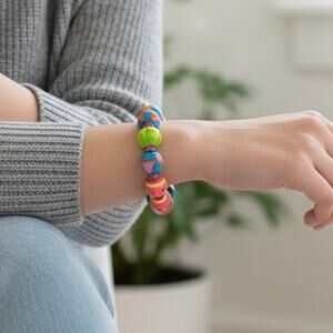 Y2K Vintage Wood Bead Stretch Bracelet Pink Rhinestone Multicolor NWOT